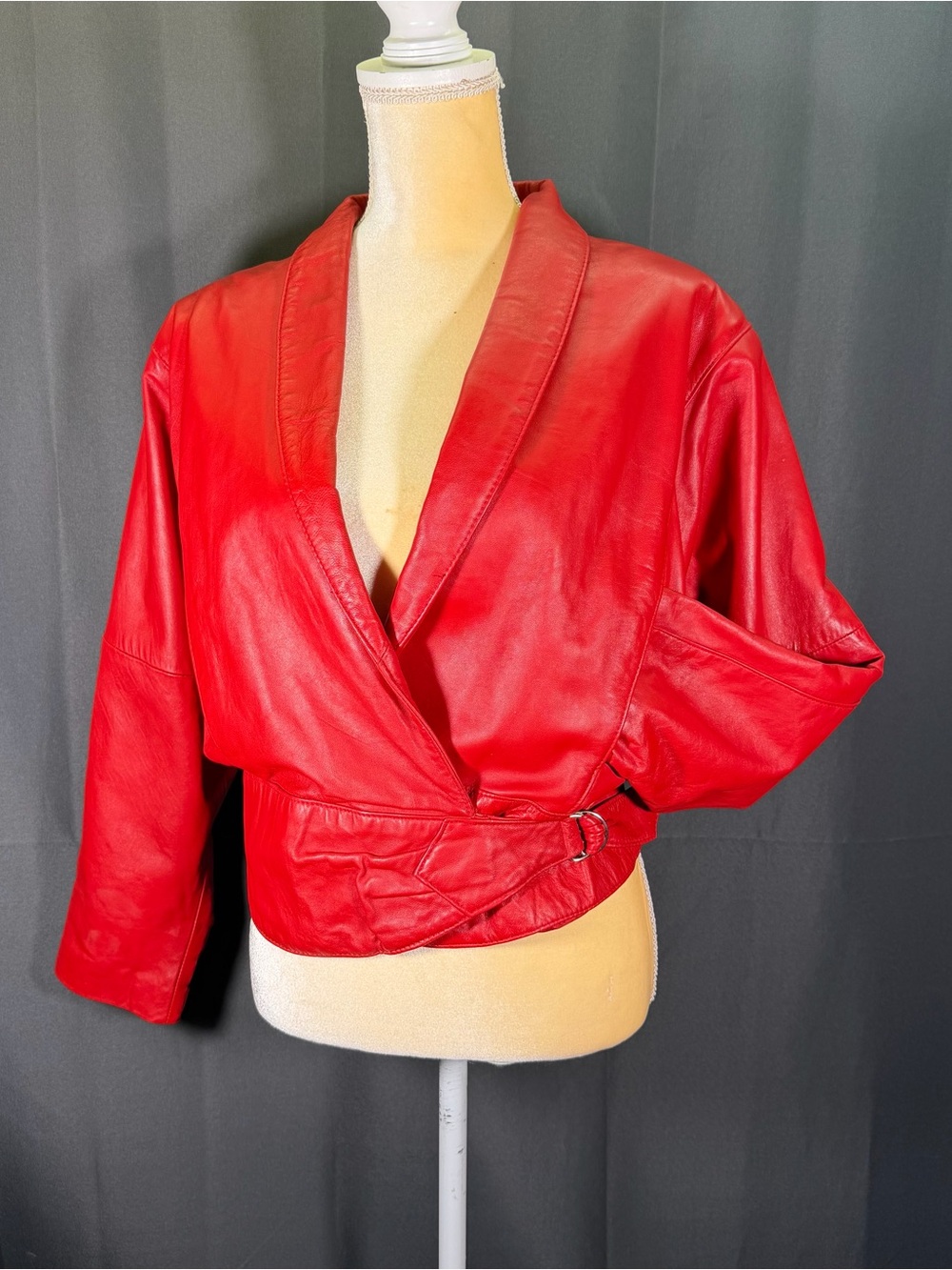 VTG 80s Pell Italia By Sandro Red Leather Batwing Jacket Buckle Moto Bomber M